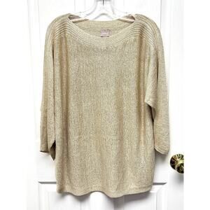 Chico’s Sweater Boat Neck Tunic Gold Tan Size L Loose Knit 3/4 Sleeves